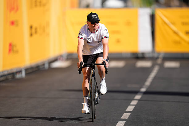 Valtteri Bottas of Finland and Cadillac F1 cycles in the paddock ahead of the F1 Grand Prix of Spain at Madring on September 13 in Madrid, Spain.