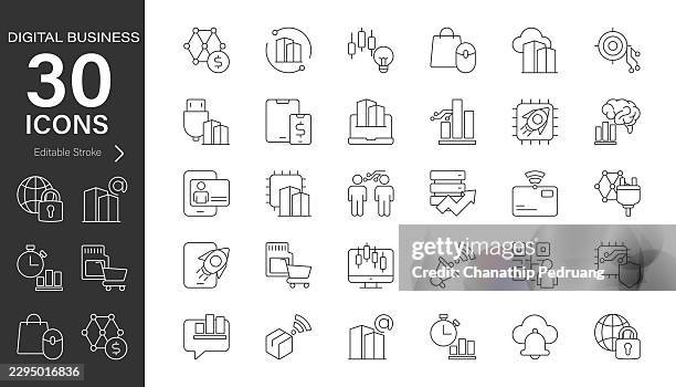 digital business vector icon set. pixel perfect. editable stroke. stock illustration. icon symbol, technology, e-commerce, intelligence - smart plug stock illustrations