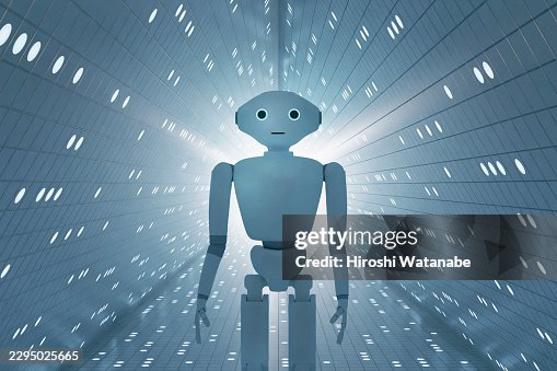 An AI robot standing inside a triangular data portal, Digitally Generated Images. An AI robot standing inside a triangular data portal, Digitally Generated Images.