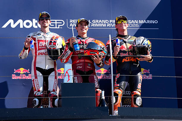 Gresini Racing MotoGP rider Alex Marquez of Spain , Ducati Lenovo Team rider Marc Marquez of Spain and Red Bull KTM Factory Racing rider Pedro Acosta...