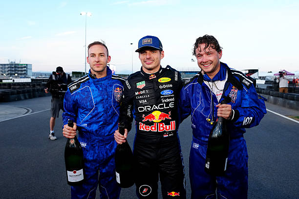 Winner Red Bull's Max Verstappen , Journalist Jacky Martens and Lewis Osler after the Max v 100 go-karting event at Silverstone, Towcester. Picture...