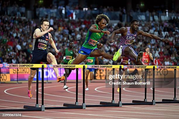 Alison Dos Santos of Team Brazil competes in the Men's 400m Hurdles Final during Day 3 of the World Athletics Ultimate Championship at National...