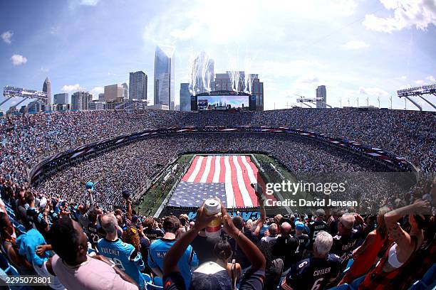 General view inside the stadium during the national anthem of the Carolina Panthers against the Chicago Bears game at Bank of America Stadium on...
