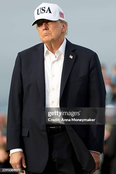 President Donald Trump attends the trophy presentation on the final day of the Irish Open on September 13, 2026 in Doonbeg, Ireland. U.S. President...