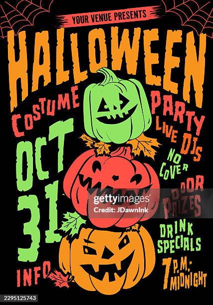 scary happy halloween party bash collage style design template poster stack of jack o' lanterns green, orange and red colors on black background - smiling faces collage stock illustrations