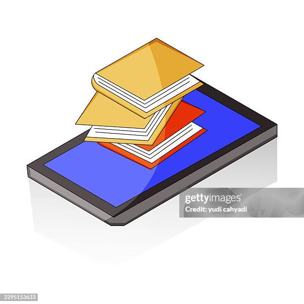 stack of books on smartphone screen isometric vector illustration for online education digital library and e-learning concept. - e reader white background stock illustrations