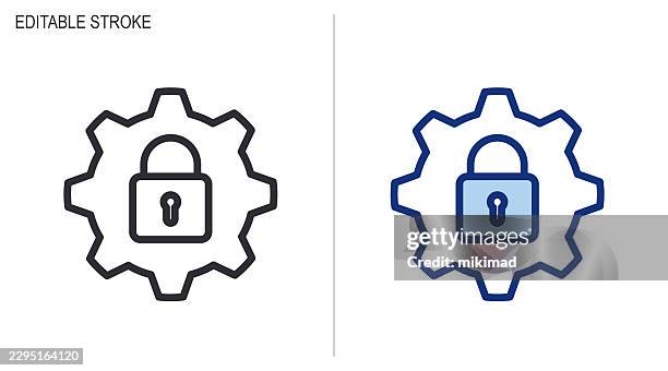 security settings icon set – editable stroke vector showing gear with padlock representing system protection, secure configuration and cybersecurity concepts - privacy settings stock illustrations