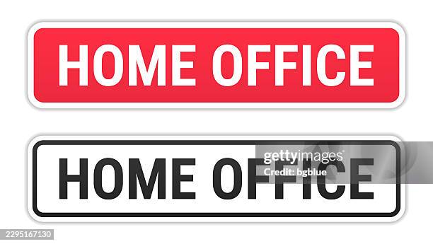 home office - red and black labels on white background - creative remote workers stock illustrations