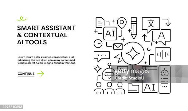 smart assistant and contextual ai tools banner concept with line art icons - natural language processing stock illustrations