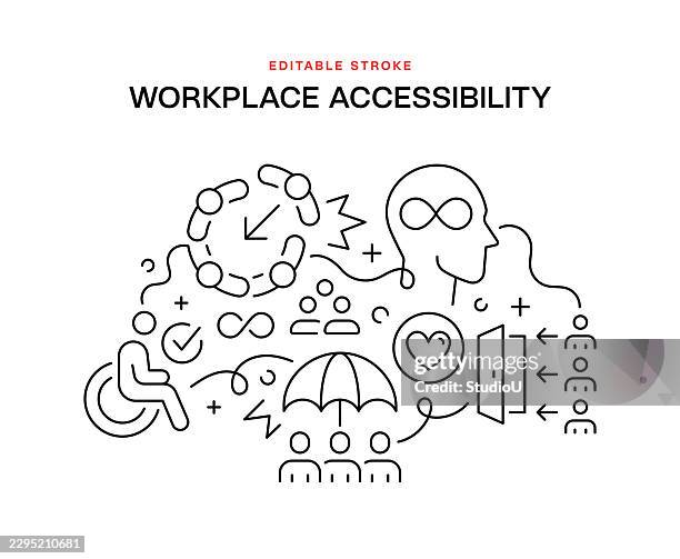 workplace accessibility line art banner concept - disability workplace stock illustrations