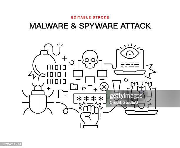 malware and spyware attack line art banner concept - ransomware vector stock illustrations