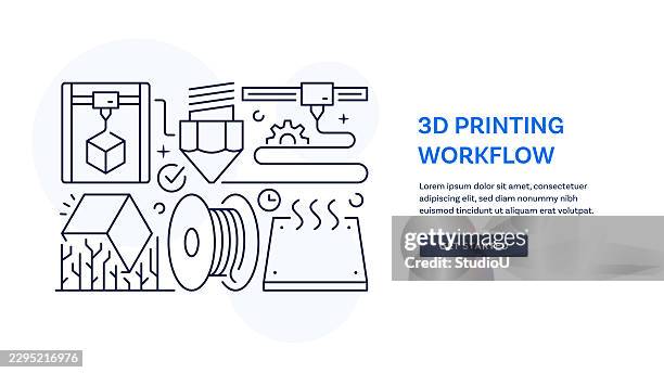 3d printing workflow banner concept with line art icons of 3d render, prototype, 3d printer, and so on. - prototype model stock illustrations