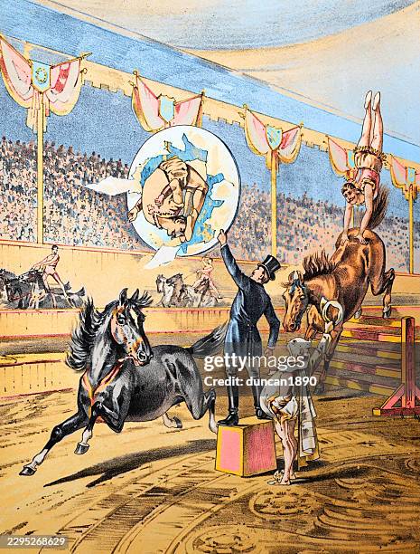 clown, ringmaster, acrobat jumping through ring from a horse, victorian circus, vintage illustration 19th century - circus ring master stock illustrations