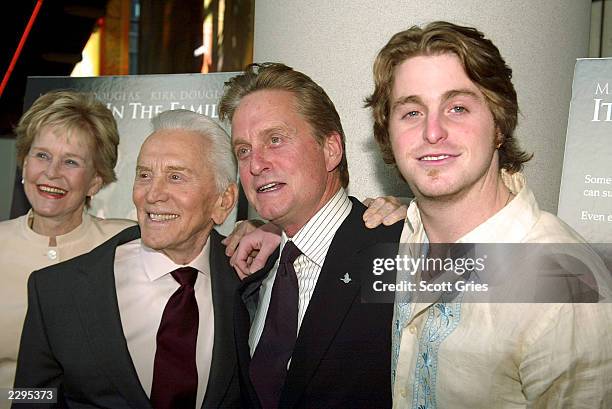 Diana Douglas, Kirk Douglas, Michael Douglas and Cameron Douglas arrive at the New York premiere of "It Runs In The Family" at the Loews Lincoln...