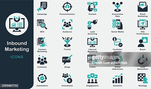 inbound marketing solid icons collection.containing seo, leads, nurturing, blogging, social, email, landing, conversion, engagement, traffic, audience, customer, buyer, funnel, strategy, analytics - personalization stock illustrations