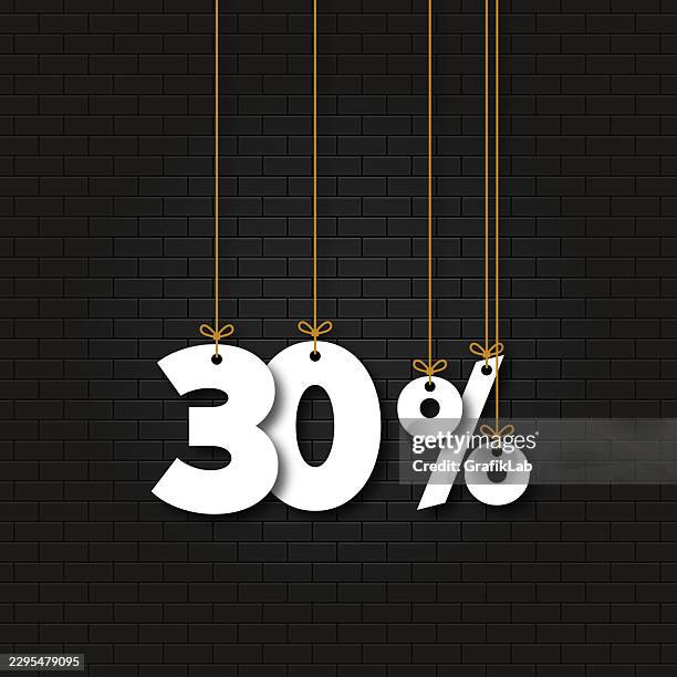 white thirty percent discount number on black brick wall - text with drop shadow stock illustrations