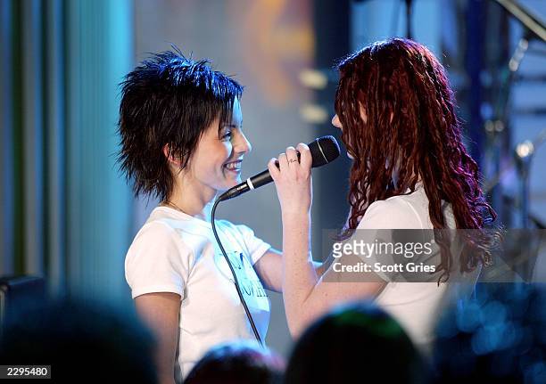 Russian pop singers TATU perform on MTV's TRL March 3, 2003 at the MTV studios in New York City.