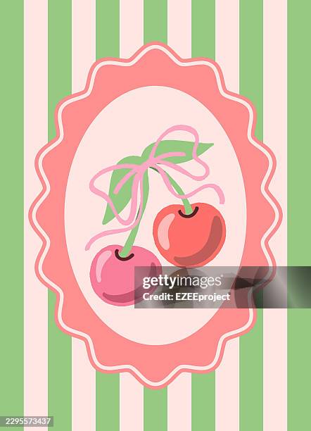 cherry fruit vintage frame illustration. decorative cherries bow label design. retro fruit cherry art poster decor - boho home stock illustrations