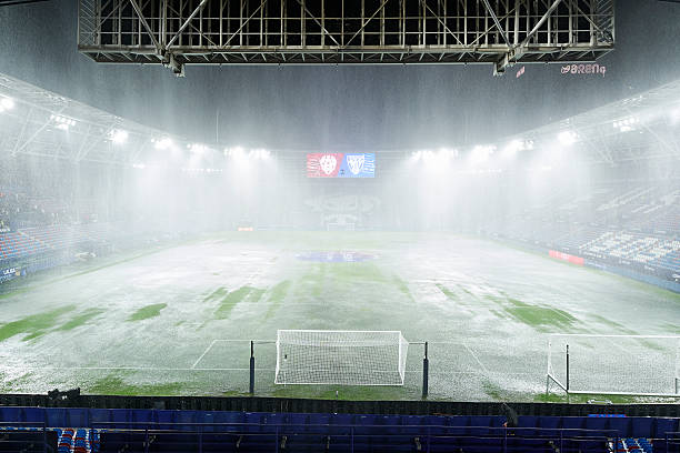 General view of Ciutat de Valencia stadium during a heavy thunderstorm prior to the LaLiga EA Sports match between Levante UD and Athletic Club,...
