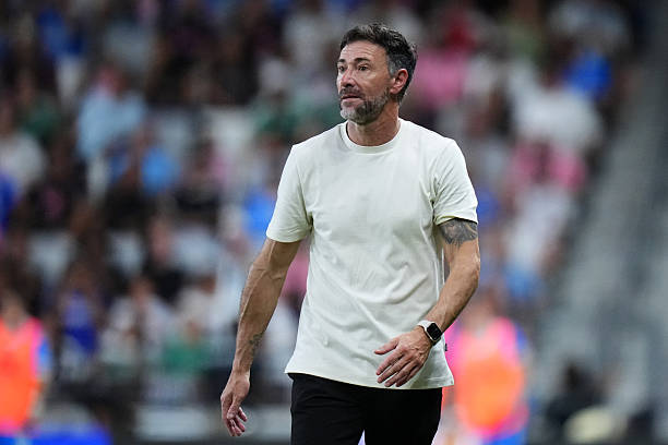 Cristian Gonzalez, Head Coach of Inter Miami CF, reacts during the Campeones Cup 2026 match between Inter Miami CF and Cruz Azul at Nu Stadium on...