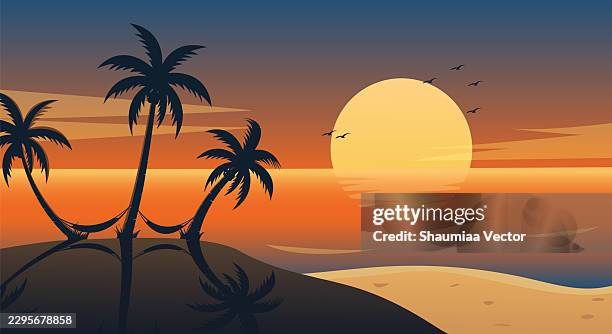 scenic tropical beach sunset silhouette vector background, coconut palm tree and sunbeam island landscape poster, tranquil summer vacation web banner design with copy space - date night stock illustrations