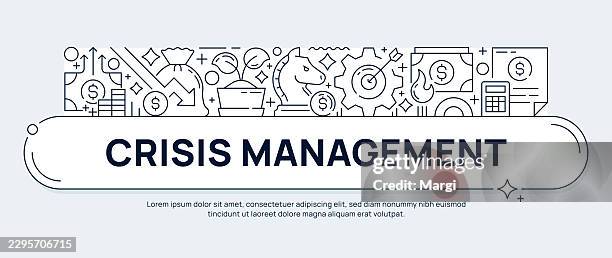 crisis management concept vector banner with thin line icons - restructuring costs stock illustrations