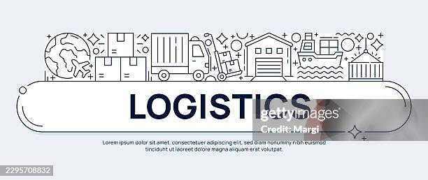 logistics concept vector banner with thin line icons - pallet stock illustrations