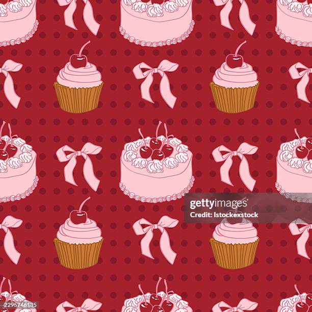 seamless pattern with pink cakes and cherry cupcakes - festive baking background stock illustrations