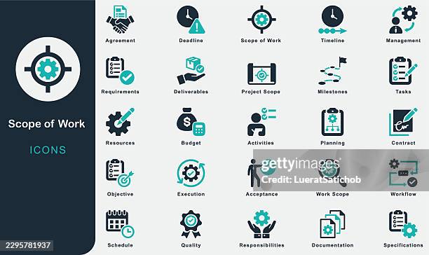 scope of work solid icons collection.containing scope of work, project scope, work scope, requirements, deliverables, objectives, tasks, activities, responsibilities, timeline, schedule, milestones - project execution stock illustrations