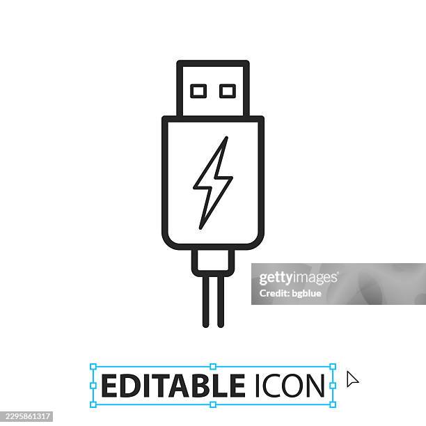 usb charging plug - line editable icon on white background - computer plug power stock illustrations