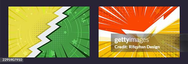 set of comic book pop art superhero battle vector background, retro fighting versus scene with lightning, halftone pattern, and speech bubble frame template for comic competition web banner, poster - lightning rod stock illustrations
