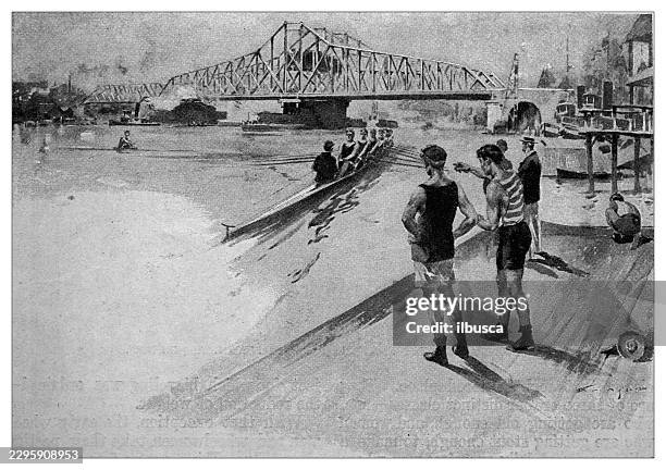 rowing crews practicing on the harlem river - harlem stock illustrations