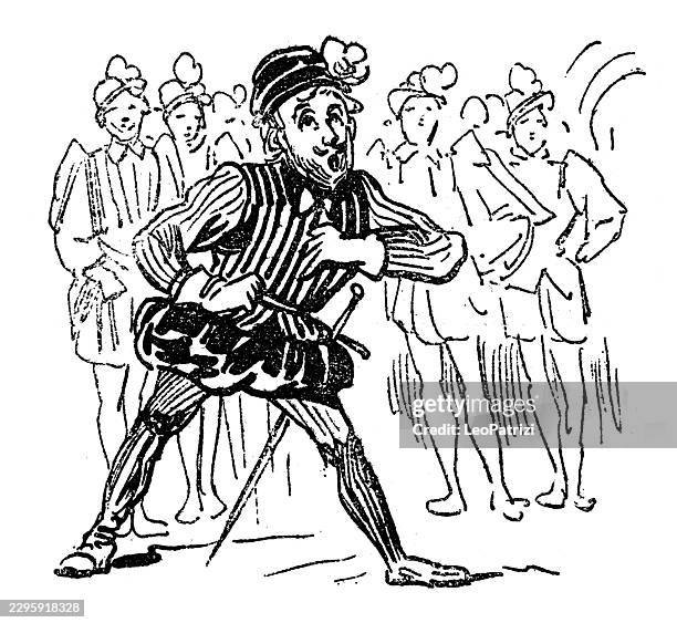 french man in striped doublet dancing with crowd watching - man dancing alone stock illustrations