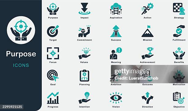 purpose solid icons collection.containing goal, objective, mission, vision, intention, meaning, direction, focus, motivation, aspiration, ambition, strategy, planning, action, success, impact, value - vision statement stock illustrations