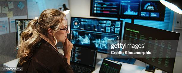 white female software developer engineer work on digital security system at night. treat analysis program coding on monitor. computer technology, programmer job, it people, cybersecurity concept - programmer working stock pictures, royalty-free photos & images
