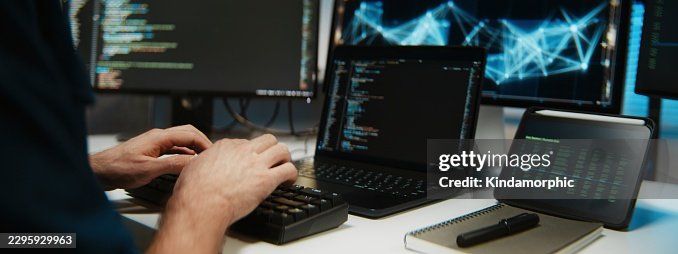 White male software developer engineer work on digital security system. Treat analysis program coding on monitor. Computer technology, programmer job, IT people, cybersecurity concept. Close up White male software developer engineer work on digital security system. Treat analysis program coding on monitor. Computer technology, programmer job, IT people, cybersecurity concept. Close up