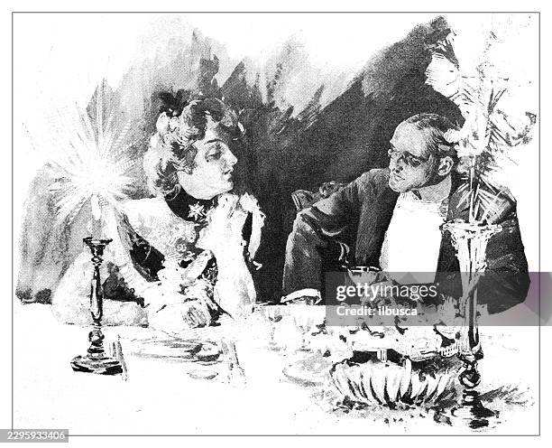 dinner table scene with two individuals in formal attire - setting the table stock illustrations