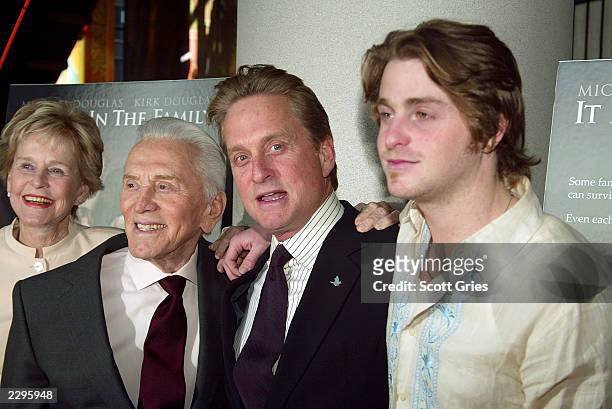 Diana Douglas, Kirk Douglas, Michael Douglas and Cameron Douglas arrive at the New York premiere of "It Runs In The Family" at the Loews Lincoln...