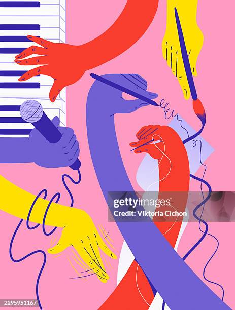 view from above of creative hands enjoying various arts and crafts - different hobbies stock illustrations