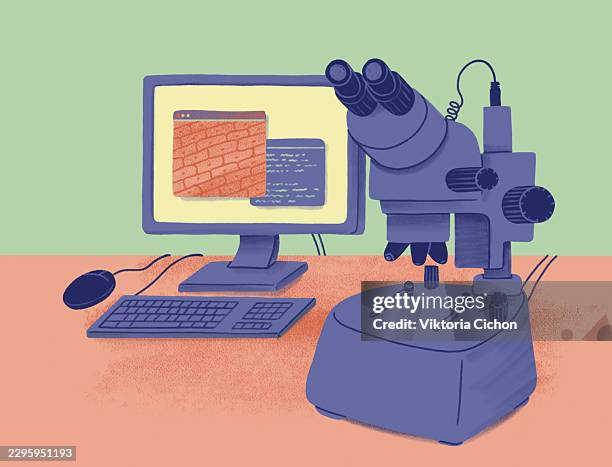 microscope next to computer with scientific information on open windows - laboratory table stock illustrations