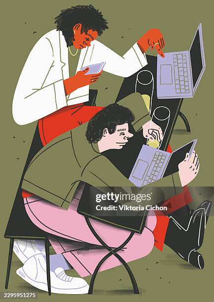 college students using laptops and drinking beer at cafe table - school cafeteria table stock illustrations