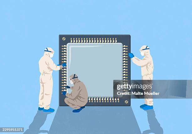 engineers in clean suits inspecting large semiconductor against blue background - semiconductor wafer stock illustrations