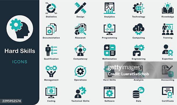 hard skills solid icons collection.containing skills, technical skills, expertise, knowledge, training, certification, programming, coding, engineering, accounting, analytics, mathematics, statistics - learning computer skills stock illustrations
