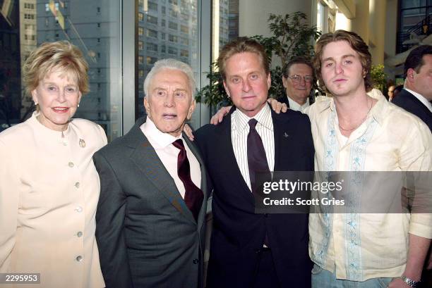 Diana Douglas, Kirk Douglas, Michael Douglas and Cameron Douglas arrive at the New York premiere of "It Runs In The Family" at the Loews Lincoln...