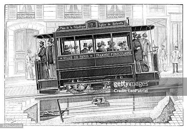 19th century paris funicular tramway with men in top hats - cable car stock illustrations