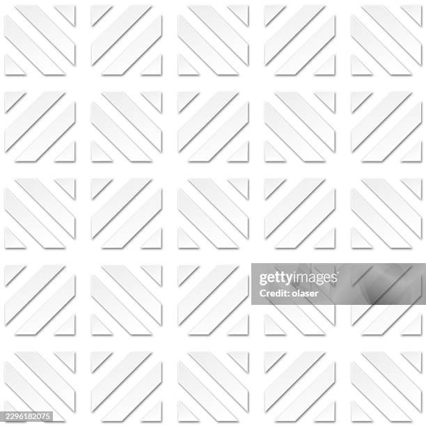 white geometric pattern of repeating diagonal lines and chevron-like shapes with subtle shadows, creating a clean embossed surface on a light background. - white cube stock illustrations