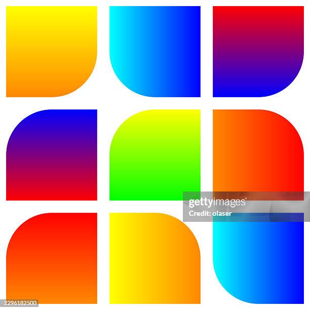 nine colorful rounded-corner gradient tiles arranged in a 3x3 grid on a white background, featuring vivid transitions of yellow, orange, red, blue, cyan, purple, and green. - round table stock illustrations