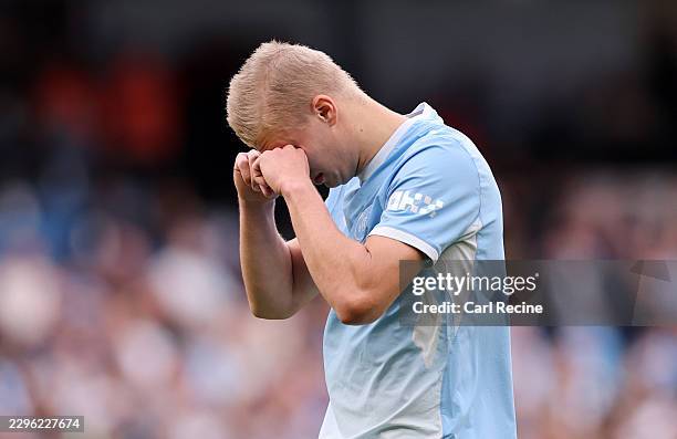 Erling Haaland of Manchester City reacts during the Premier League 2026/27 match between Manchester City and Sunderland at Etihad Stadium on...