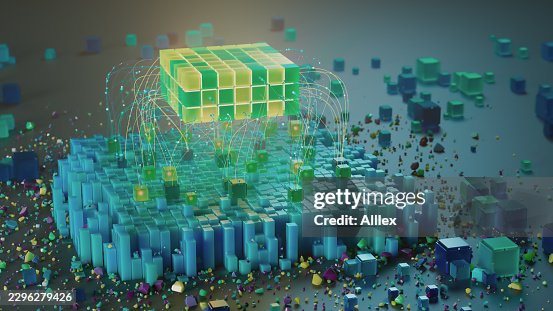Abstract CPU Data Processing With Networked Cubes and Digital Connections Representing Data Flow Abstract CPU Data Processing With Networked Cubes and Digital Connections Representing Data Flow