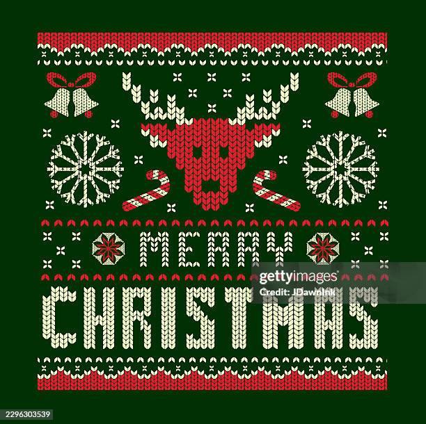 merry christmas and happy new year knitted sweater greeting design hand lettered text with reindeer and ornaments on dark green background - knitting background vector stock illustrations